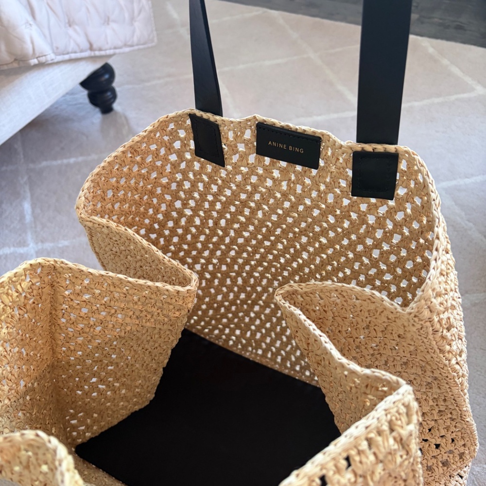 NWT ANINE BING Straw Tote Bag with Black Handles - Beige - Picture 7 of 10
